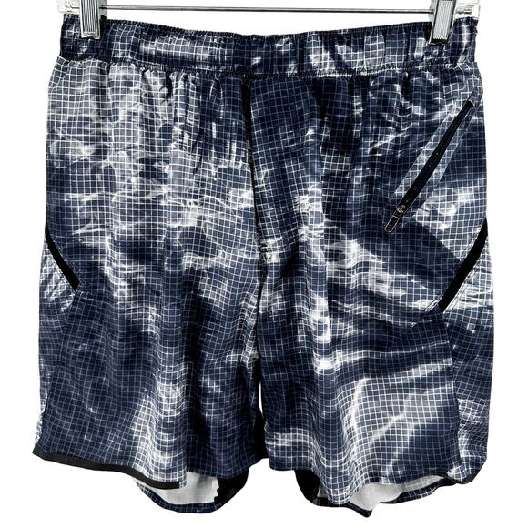 Lululemon Surge Shorts Elastic Waistband Zip Pockets Checkered Tie Dye Ink M - Picture 1 of 4